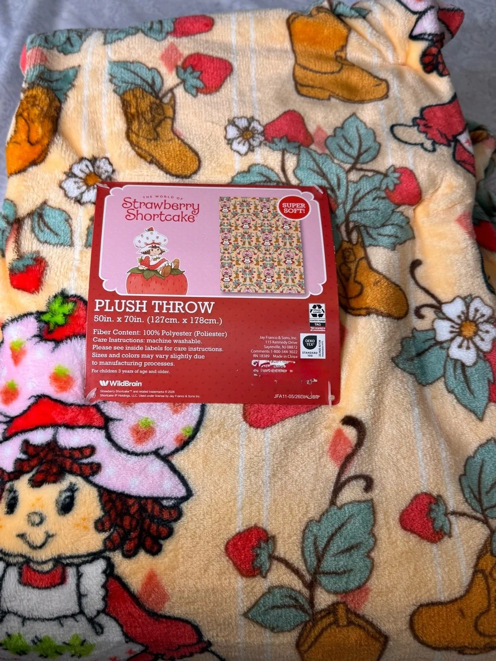 Strawberry Shortcake Plush Throw Blanket - Pale Orange with Boots & Strawberries
